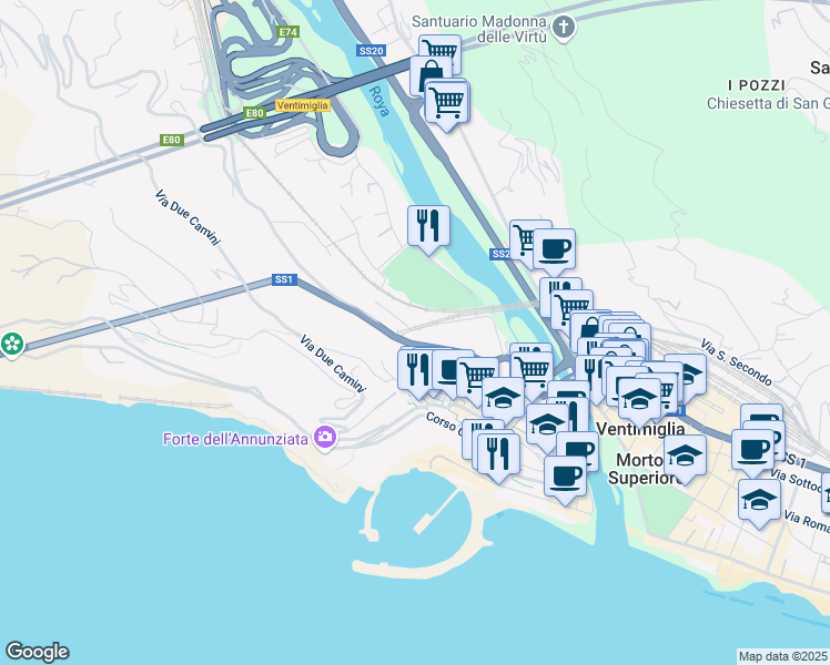 map of restaurants, bars, coffee shops, grocery stores, and more near 15C Via G. Freccero in Ventimiglia