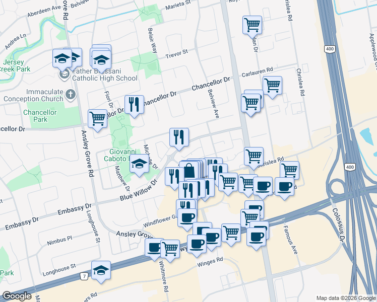 map of restaurants, bars, coffee shops, grocery stores, and more near 20 Minton Drive in Vaughan