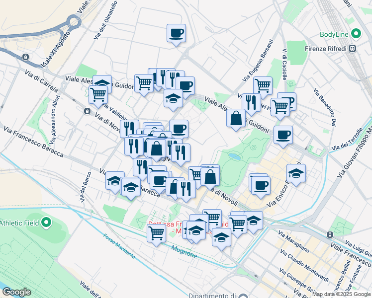 map of restaurants, bars, coffee shops, grocery stores, and more near 26 Via di Novoli in Firenze