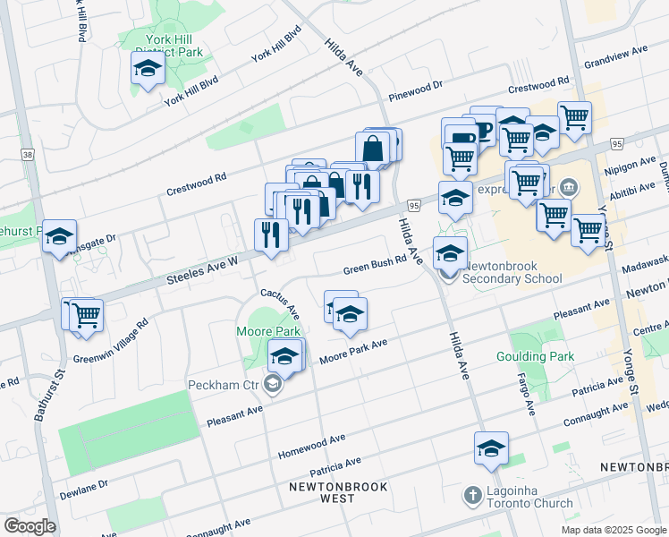 map of restaurants, bars, coffee shops, grocery stores, and more near 66 Green Bush Road in Toronto
