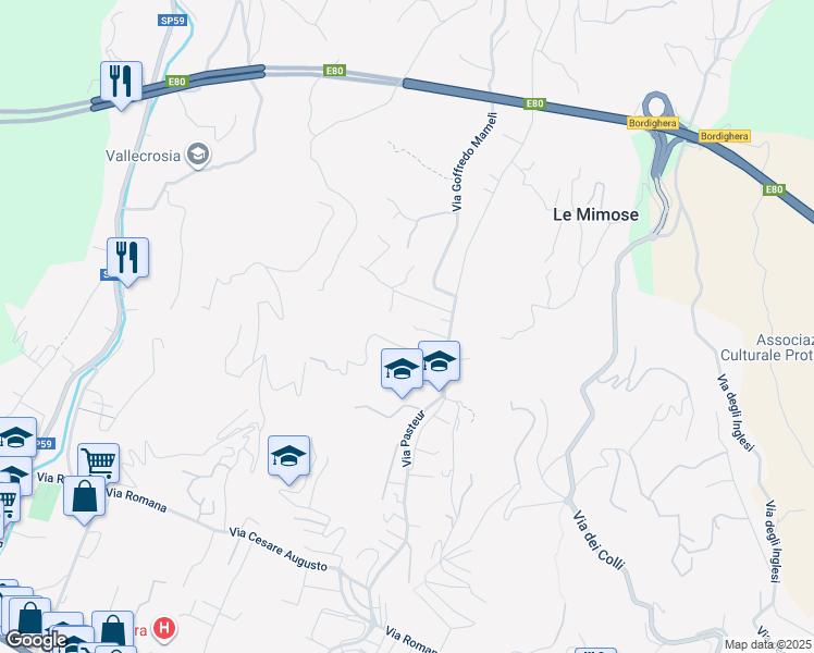 map of restaurants, bars, coffee shops, grocery stores, and more near 7 Via Defisiu in Bordighera