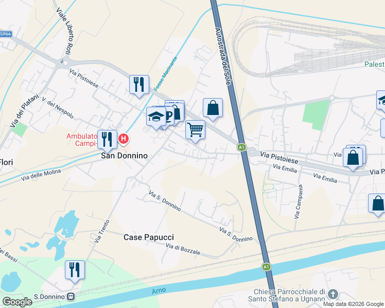 map of restaurants, bars, coffee shops, grocery stores, and more near 13 Via Viottole in San Donnino