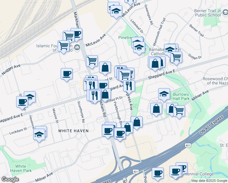 map of restaurants, bars, coffee shops, grocery stores, and more near 5155 Sheppard Avenue East in Toronto
