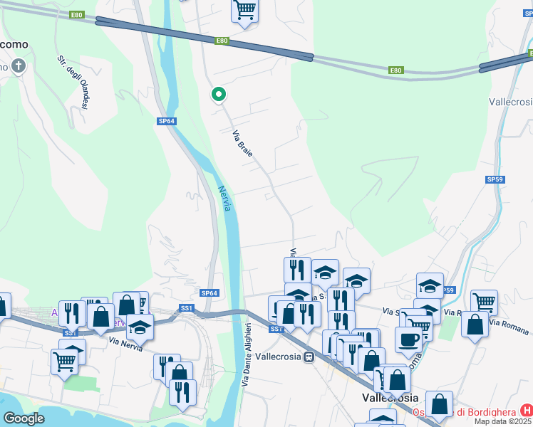 map of restaurants, bars, coffee shops, grocery stores, and more near 185 Via Braie in Camporosso