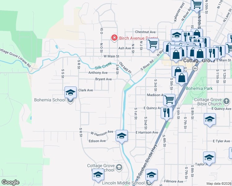 map of restaurants, bars, coffee shops, grocery stores, and more near 280 South M Street in Cottage Grove