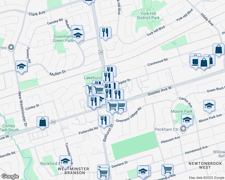map of restaurants, bars, coffee shops, grocery stores, and more near 7011 Bathurst Street in Vaughan