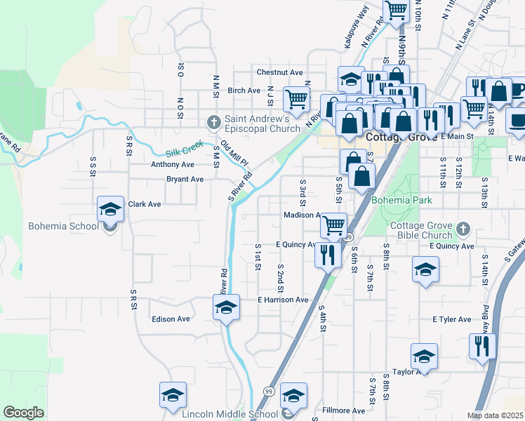 map of restaurants, bars, coffee shops, grocery stores, and more near 116 Madison Avenue in Cottage Grove