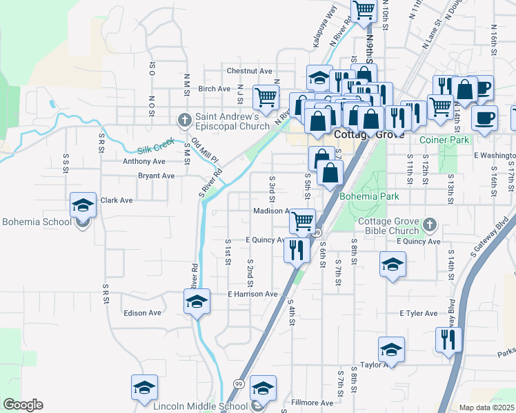 map of restaurants, bars, coffee shops, grocery stores, and more near 226 Madison Avenue in Cottage Grove
