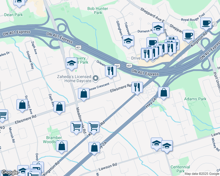 map of restaurants, bars, coffee shops, grocery stores, and more near in Toronto