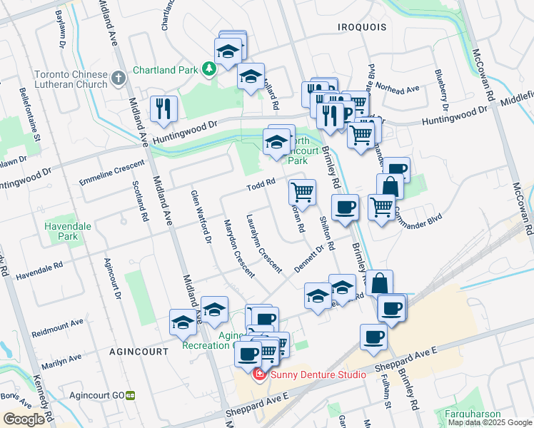 map of restaurants, bars, coffee shops, grocery stores, and more near 53 Lauralynn Crescent in Toronto