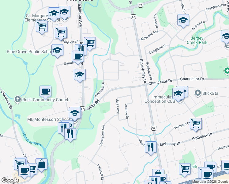map of restaurants, bars, coffee shops, grocery stores, and more near 105 Willis Road in Vaughan