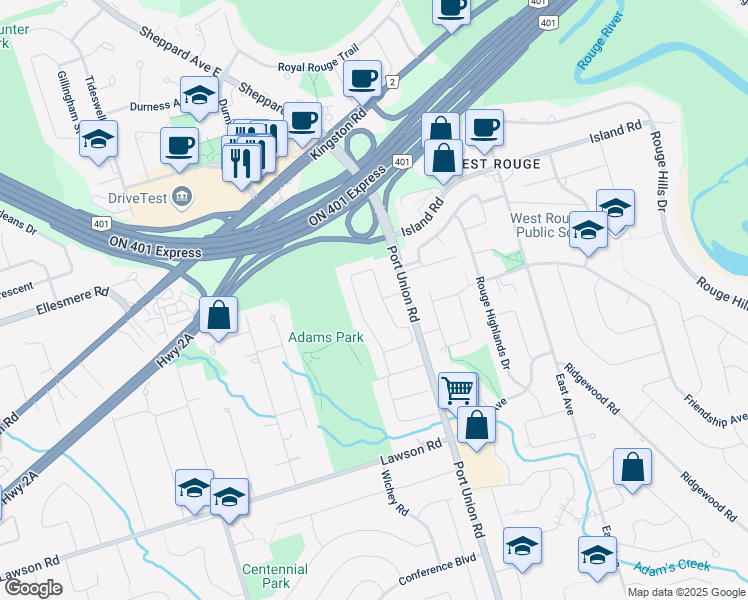 map of restaurants, bars, coffee shops, grocery stores, and more near 151 Andona Crescent in Toronto