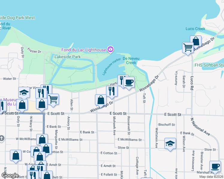 map of restaurants, bars, coffee shops, grocery stores, and more near 536 Mohawk Avenue in Fond du Lac