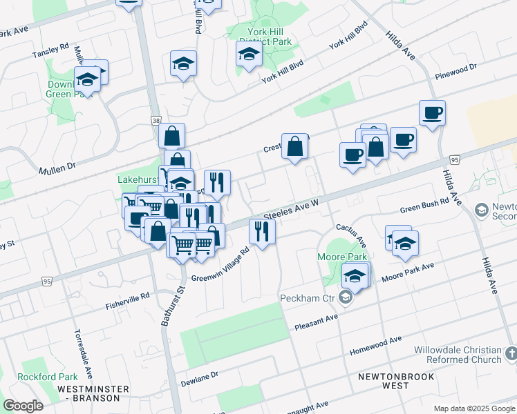 map of restaurants, bars, coffee shops, grocery stores, and more near 1 Emerald Lane in Vaughan