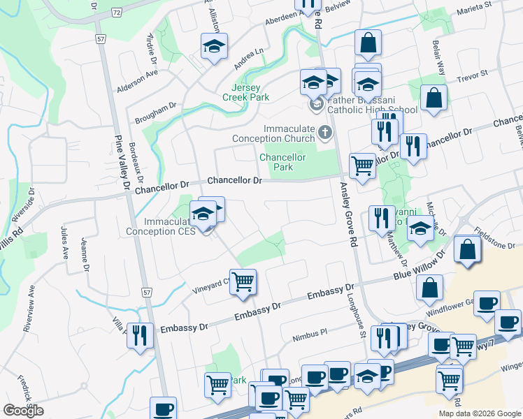 map of restaurants, bars, coffee shops, grocery stores, and more near 128 Burgosa Court in Vaughan
