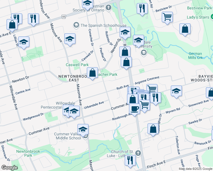 map of restaurants, bars, coffee shops, grocery stores, and more near 629 Conacher Drive in Toronto