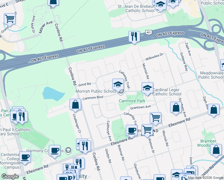 map of restaurants, bars, coffee shops, grocery stores, and more near 21 Halfmoon Square in Toronto