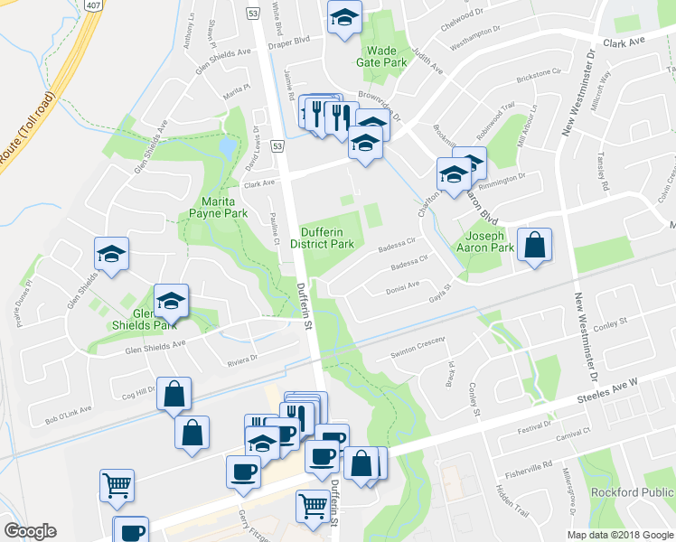 map of restaurants, bars, coffee shops, grocery stores, and more near 183 Badessa Circle in Vaughan