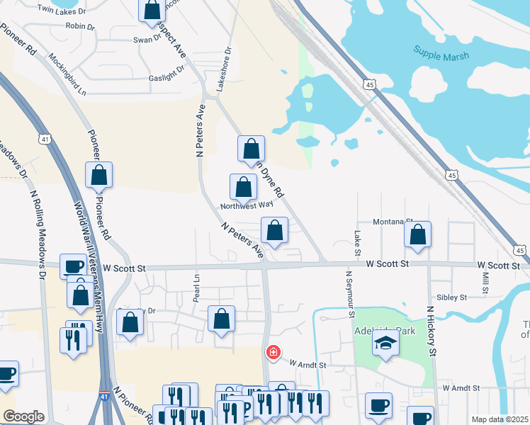 map of restaurants, bars, coffee shops, grocery stores, and more near 668 Northwest Way in North Fond du Lac