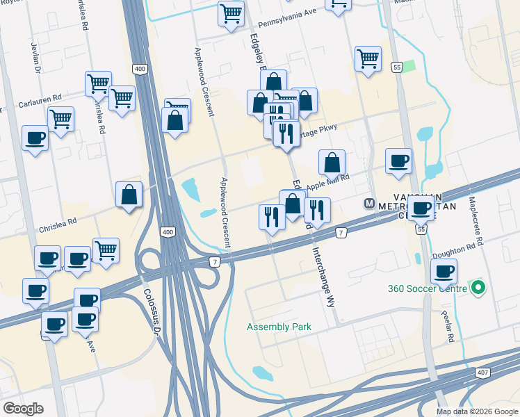 map of restaurants, bars, coffee shops, grocery stores, and more near 225 Commerce Street in Vaughan