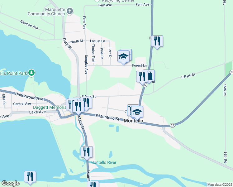 map of restaurants, bars, coffee shops, grocery stores, and more near 119 Schmidt Street in Montello