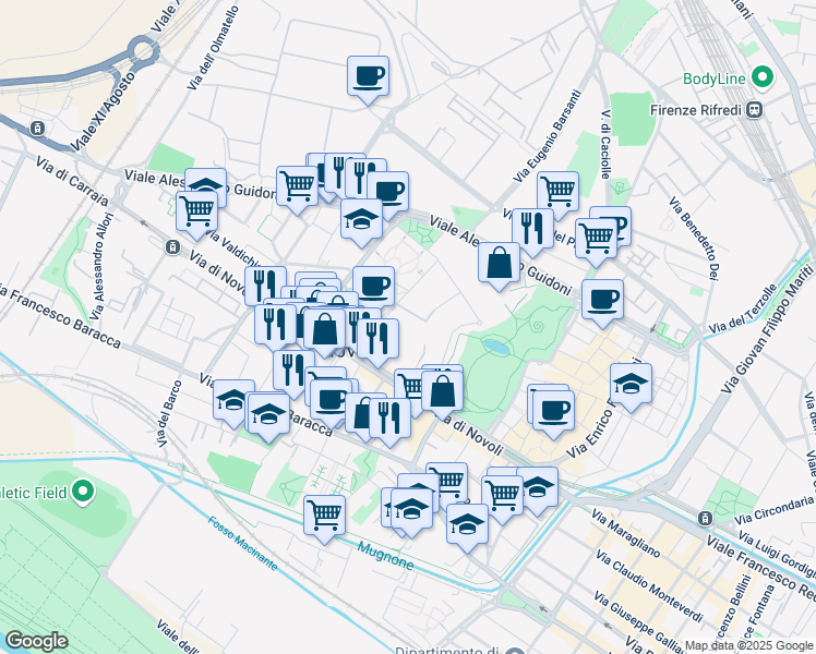 map of restaurants, bars, coffee shops, grocery stores, and more near 26 Via di Novoli in Firenze