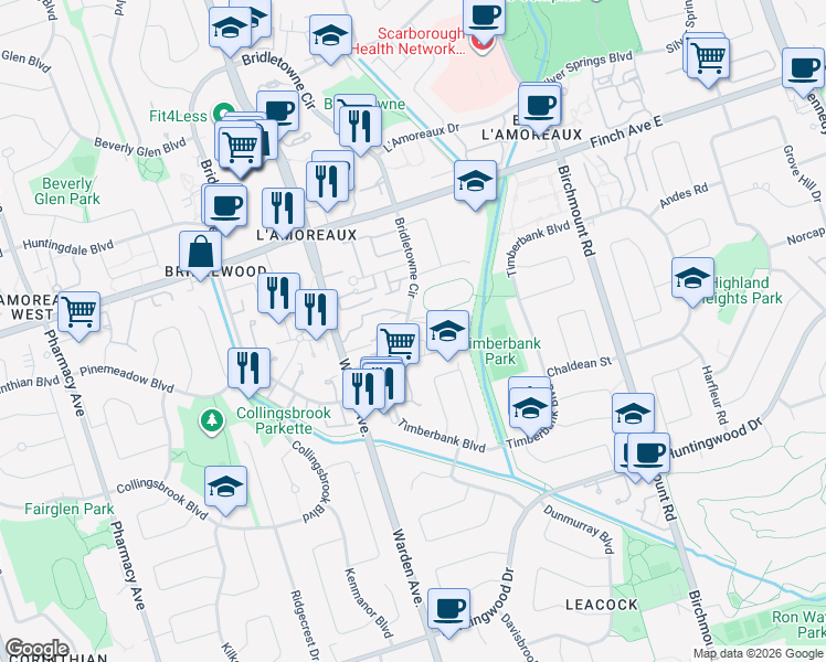 map of restaurants, bars, coffee shops, grocery stores, and more near 1255 Bridletowne Circle in Toronto