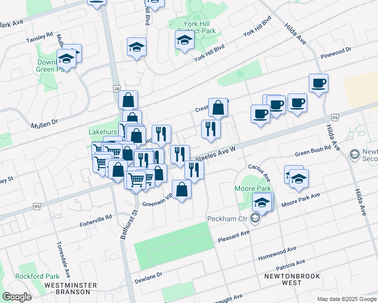 map of restaurants, bars, coffee shops, grocery stores, and more near 1 Emerald Lane in Vaughan