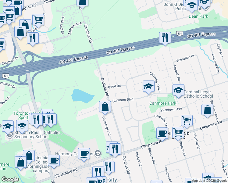 map of restaurants, bars, coffee shops, grocery stores, and more near 14 Tarsus Crescent in Toronto