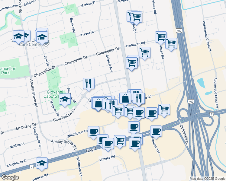 map of restaurants, bars, coffee shops, grocery stores, and more near 70 Foxchase Avenue in Vaughan