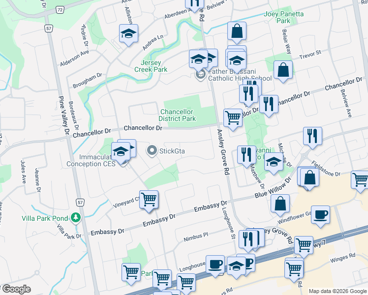 map of restaurants, bars, coffee shops, grocery stores, and more near 21 Williamsburg Lane in Vaughan