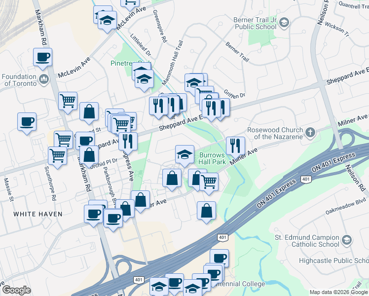 map of restaurants, bars, coffee shops, grocery stores, and more near 5 Purvis Crescent in Toronto