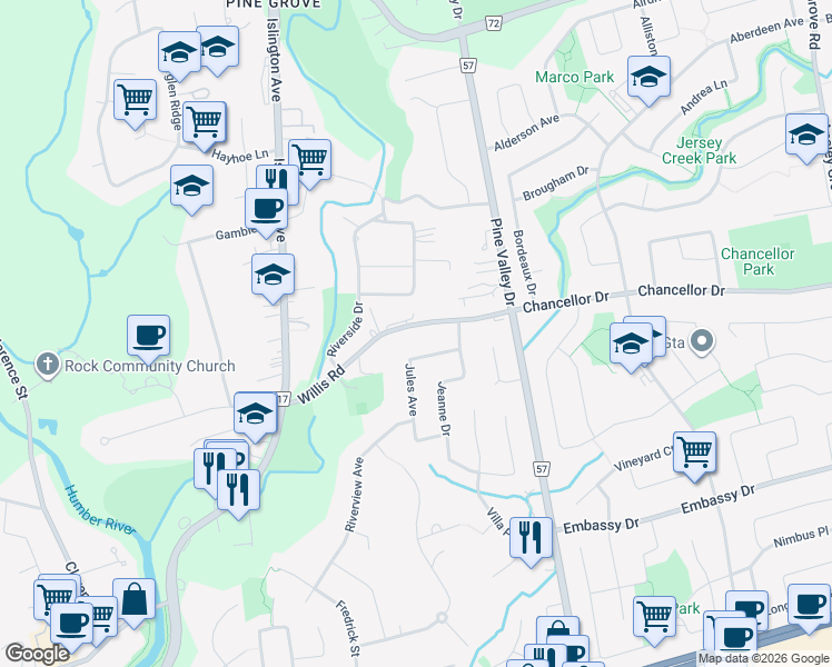 map of restaurants, bars, coffee shops, grocery stores, and more near 105 Willis Road in Vaughan