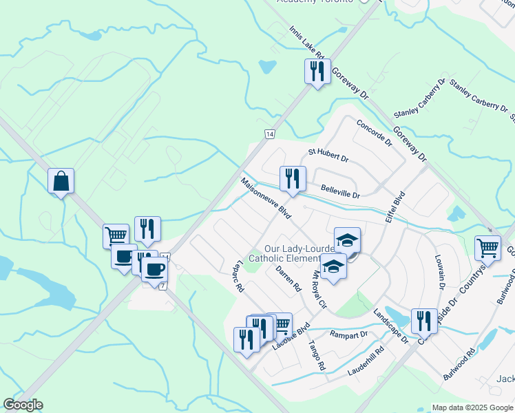 map of restaurants, bars, coffee shops, grocery stores, and more near 12 Citadel Crescent in Brampton