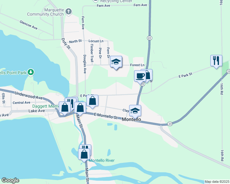 map of restaurants, bars, coffee shops, grocery stores, and more near 119 Schmidt Street in Montello