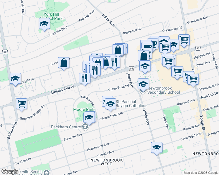 map of restaurants, bars, coffee shops, grocery stores, and more near 66 Green Bush Road in Toronto