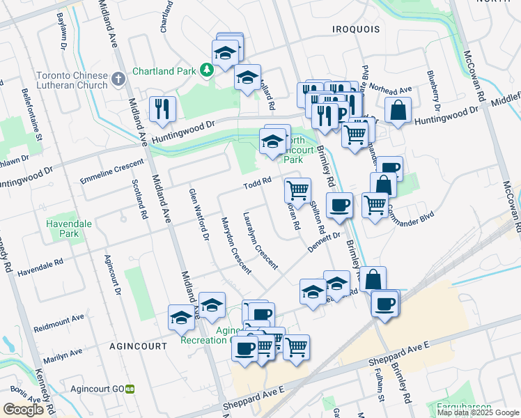 map of restaurants, bars, coffee shops, grocery stores, and more near 53 Lauralynn Crescent in Toronto
