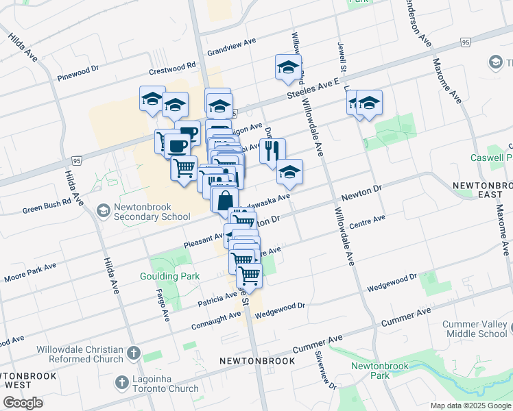 map of restaurants, bars, coffee shops, grocery stores, and more near 23 Madawaska Avenue in Toronto