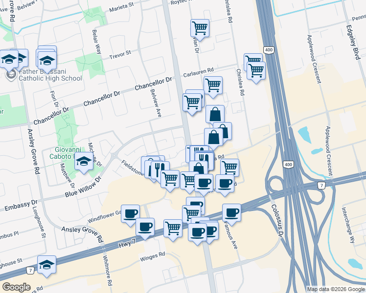 map of restaurants, bars, coffee shops, grocery stores, and more near 41 Foxchase Avenue in Vaughan