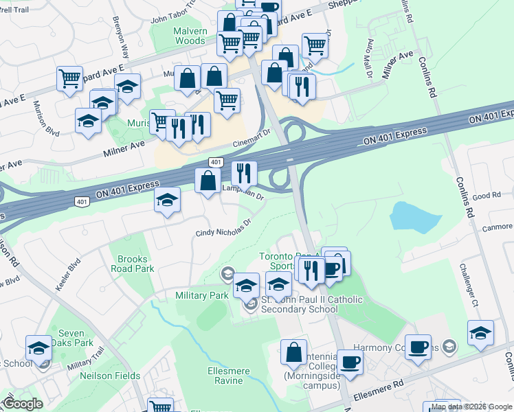 map of restaurants, bars, coffee shops, grocery stores, and more near 96 Cindy Nicholas Drive in Toronto