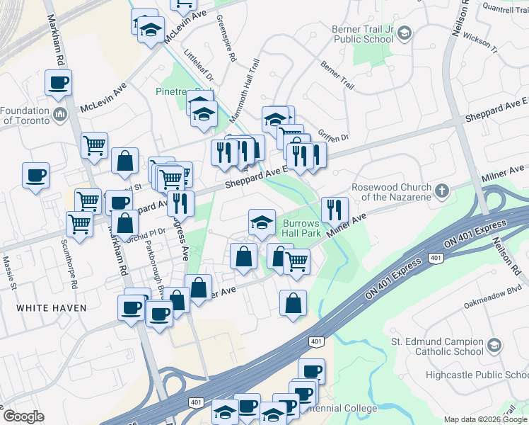 map of restaurants, bars, coffee shops, grocery stores, and more near 5 Purvis Crescent in Toronto
