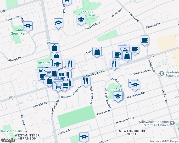 map of restaurants, bars, coffee shops, grocery stores, and more near 5 Emerald Lane in Vaughan