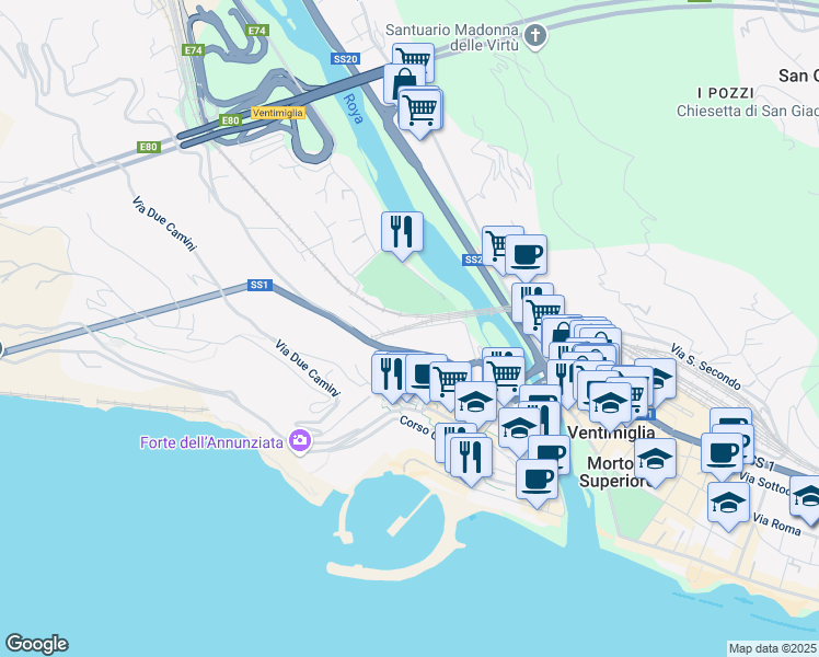 map of restaurants, bars, coffee shops, grocery stores, and more near 15C Via G. Freccero in Ventimiglia