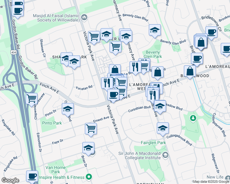 map of restaurants, bars, coffee shops, grocery stores, and more near 2930 Finch Avenue East in Toronto