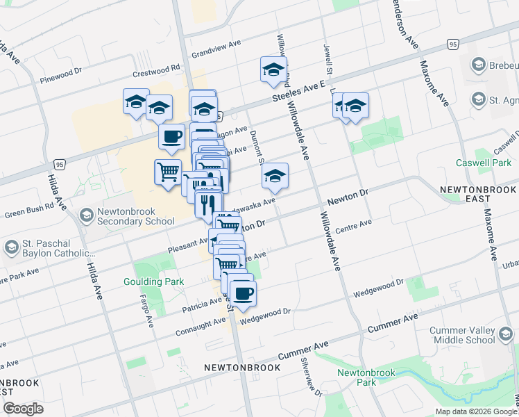map of restaurants, bars, coffee shops, grocery stores, and more near 37 Madawaska Avenue in Toronto
