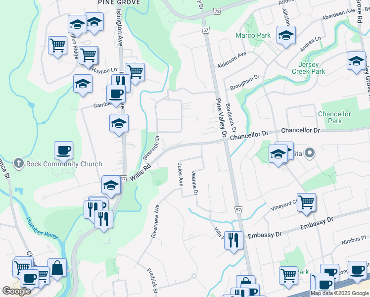 map of restaurants, bars, coffee shops, grocery stores, and more near 99 Willis Road in Vaughan