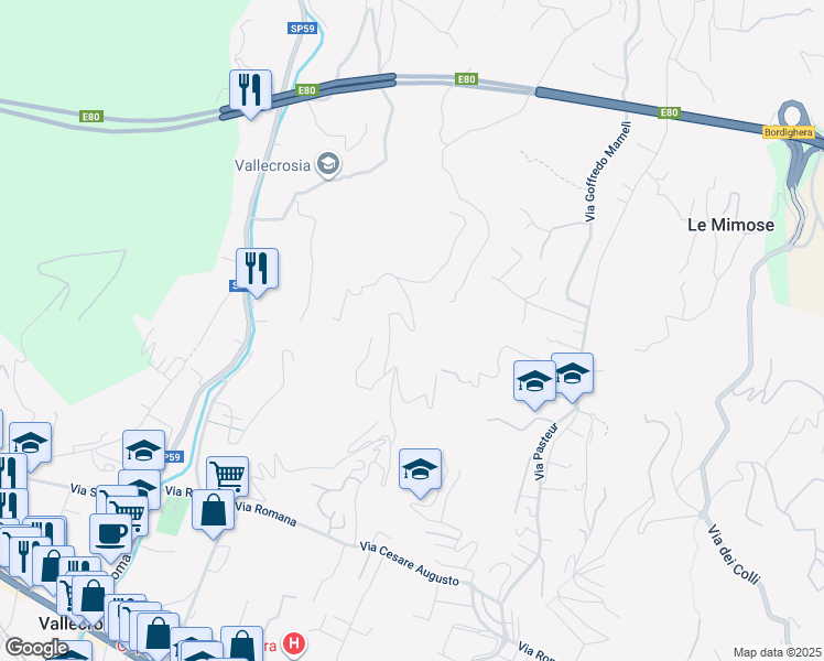 map of restaurants, bars, coffee shops, grocery stores, and more near 16 Via Conca Verde in Vallecrosia