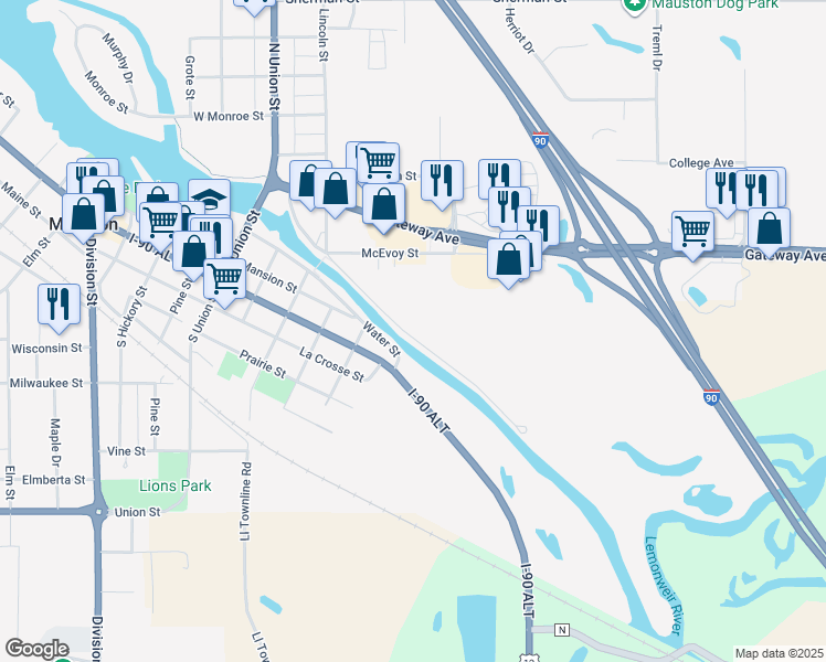 map of restaurants, bars, coffee shops, grocery stores, and more near 606 Roosevelt Street in Mauston