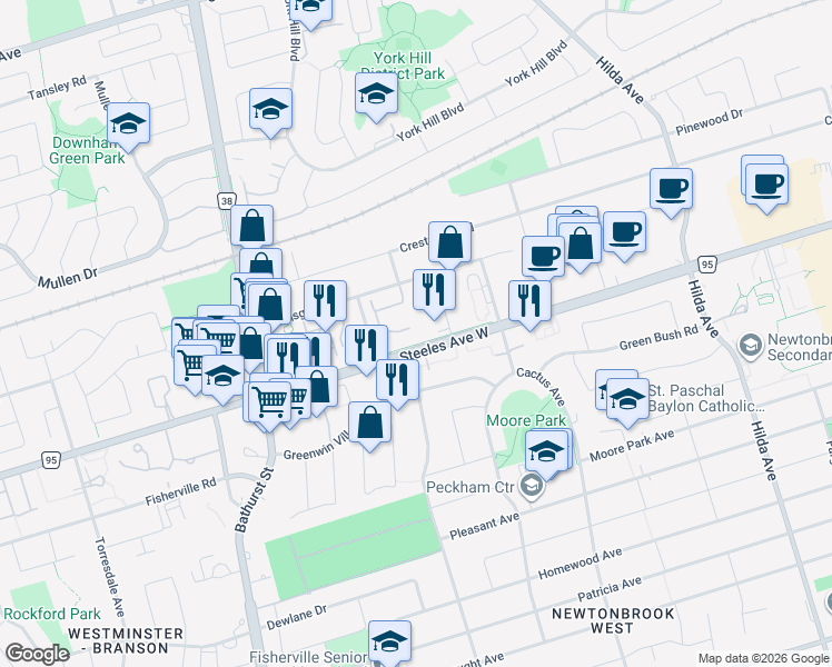 map of restaurants, bars, coffee shops, grocery stores, and more near 5 Emerald Lane in Vaughan