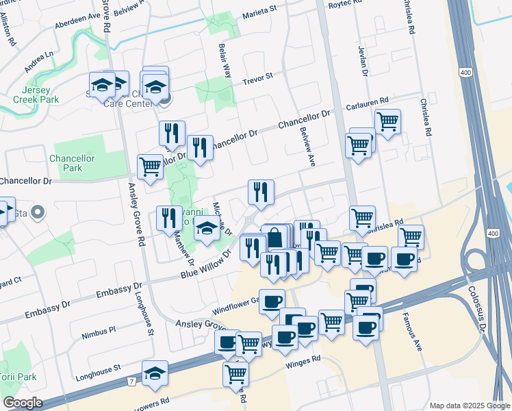 map of restaurants, bars, coffee shops, grocery stores, and more near in Vaughan